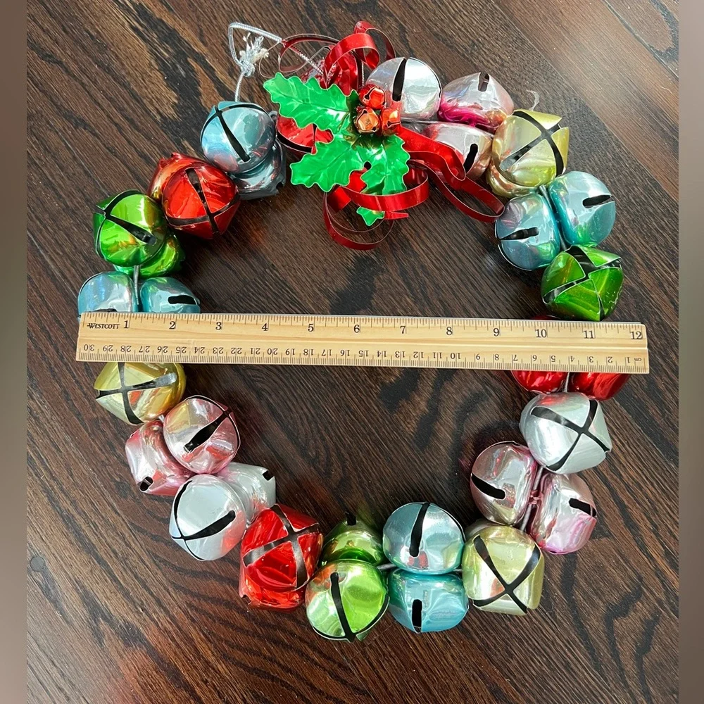 Large Metal 12 inches Jingle Bell Christmas Wreath vintage multicolor huge bells